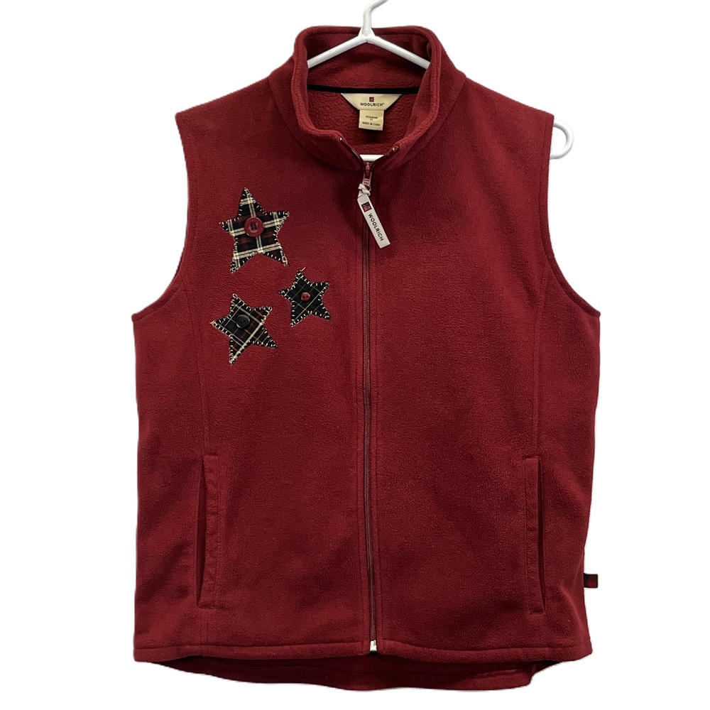 Vintage Woolrich Womens Red Embroidered Star's Fleece Vest Zip Up Pockets Medium